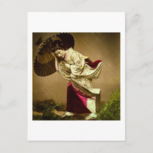 Vintage Geisha in a Springtime Rain Glass Slide Postcard