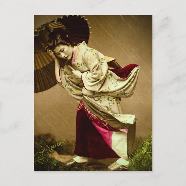 Vintage Geisha in a Springtime Rain Glass Slide Postcard (Front)