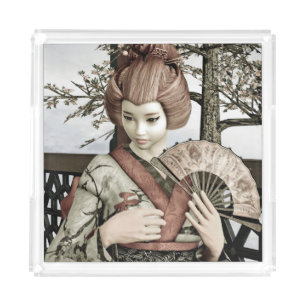 Vintage Geisha Kimono Fan Illustration Acrylic Tray
