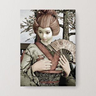Vintage Geisha Kimono Fan Illustration Button