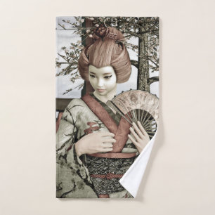 Vintage Geisha Kimono Fan Illustration Hand Towel