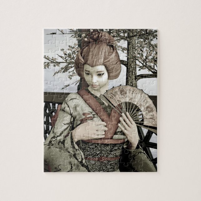 Vintage Geisha Kimono Fan Illustration Jigsaw Puzzle (Vertical)