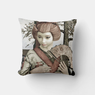 Vintage Geisha Kimono Fan Illustration Throw Pillow