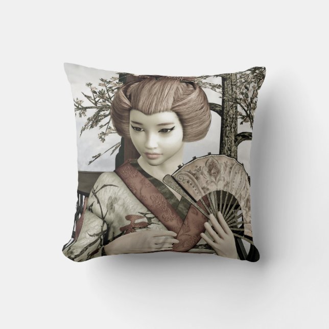 Vintage Geisha Throw Pillow (Front)