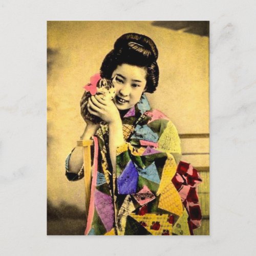 Vintage Geisha with a Cute Kitten Old Japan Postcard
