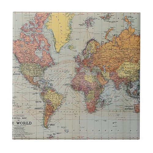 Vintage General Map of the World Tile