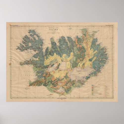 Vintage Geological Map of Iceland 1906 Poster