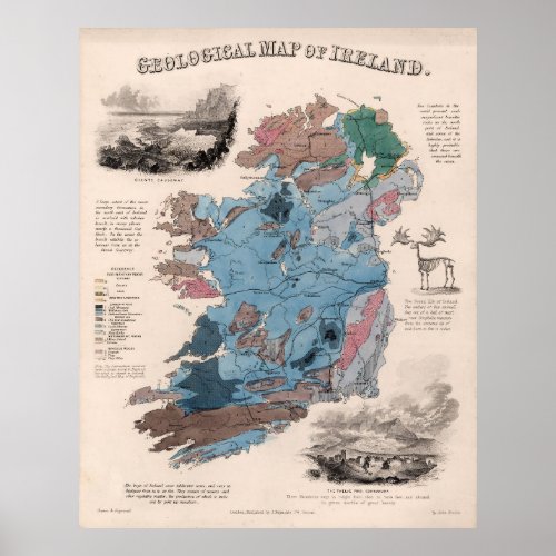 Vintage Geological Map of Ireland 1850 Poster