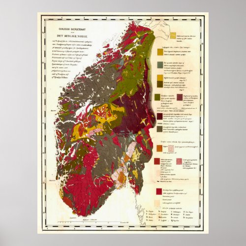 Vintage Geological Map of Norway 1871 Poster