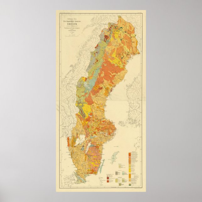 Vintage Geological Map of Sweden (1910) Poster (Front)