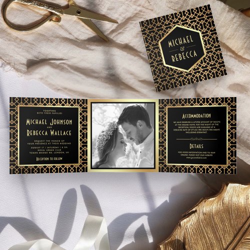 Vintage Geometric Art Deco Style Photo Wedding Tri_Fold Invitation