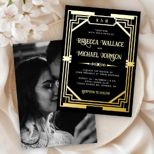 Vintage Geometric Art Deco Wedding Black Gold Foil Invitation