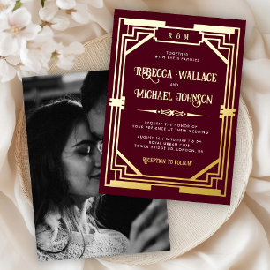 Vintage Geometric Art Deco Wedding Burgundy Gold Foil Invitation