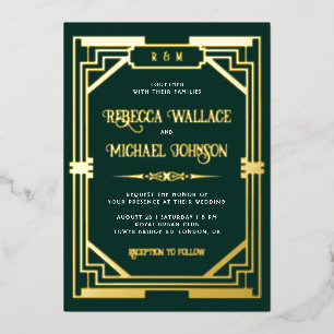 Vintage Geometric Art Deco Wedding Emerald Gold Foil Invitation