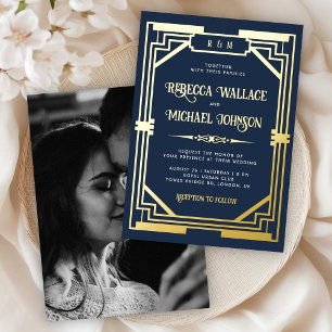Vintage Geometric Art Deco Wedding Navy Blue Gold Foil Invitation