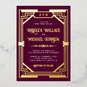 Vintage Geometric Art Deco Wedding Plum Gold Foil Invitation
