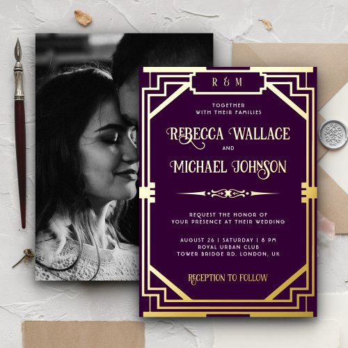 Vintage Geometric Art Deco Wedding Purple Gold Foil Invitation