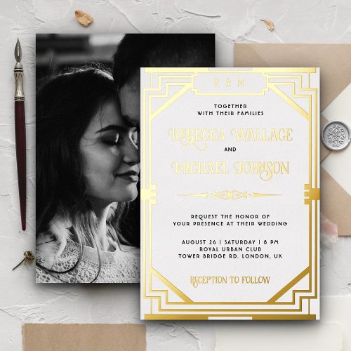 Vintage Geometric Art Deco Wedding White Gold Foil Invitation