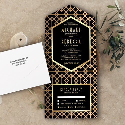 Vintage Geometric Black and Gold Art Deco Wedding All In One Invitation