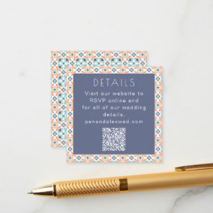 Vintage Geometric Blue Orange Wedding QR Code Enclosure Card