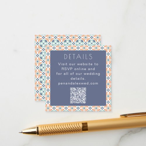 Vintage Geometric Blue Orange Wedding QR Code  Enclosure Card