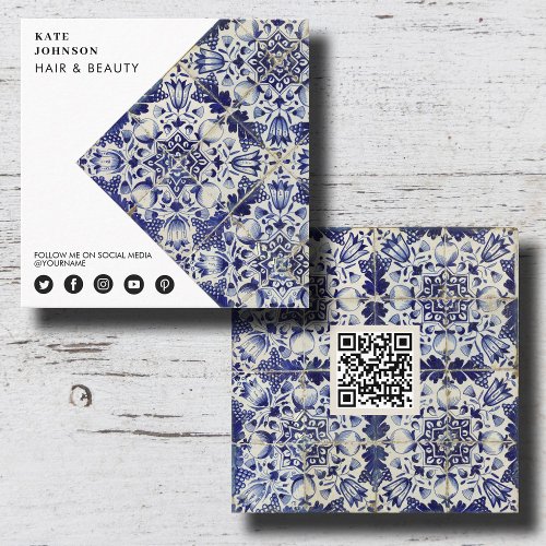 Vintage Geometric Blue White QR Code Social Media  Square Business Card