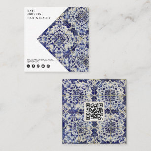 Vintage Geometric Blue White QR Code Social Media Square Business Card