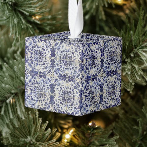 Vintage Geometric Blue White Tile Christmas Cube Ornament