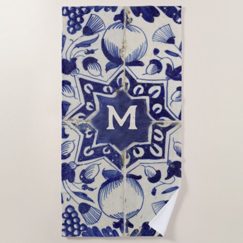 Vintage Geometric Blue White Tile Monogrammed Beach Towel