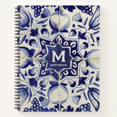 Vintage Geometric Blue White Tile Monogrammed  Notebook