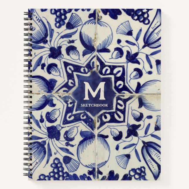 Vintage Geometric Blue White Tile Monogrammed  Notebook (Front)