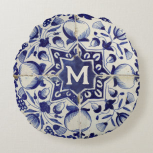 Vintage Geometric Blue White Tile Monogrammed Round Pillow