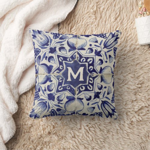 Vintage Geometric Blue White Tile Monogrammed Throw Pillow