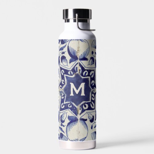 Vintage Geometric Blue White Tile Monogrammed  Water Bottle