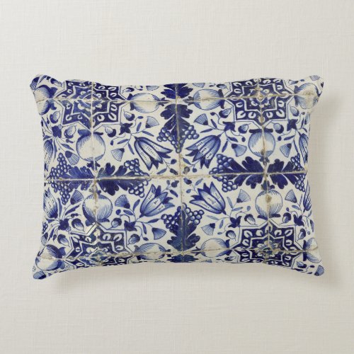 Vintage Geometric Blue White Tile Pattern Accent Pillow