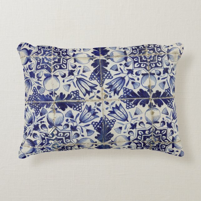 Vintage Geometric Blue White Tile Pattern Accent Pillow (Front)