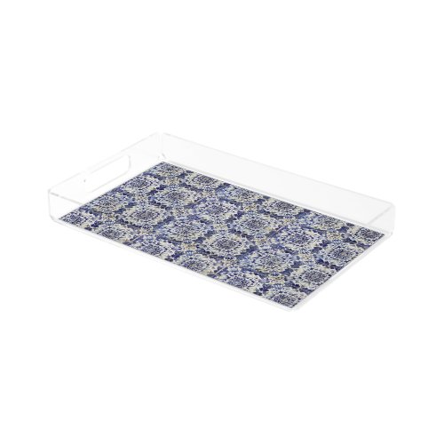 Vintage Geometric Blue White Tile Pattern Acrylic Tray