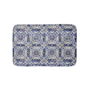 Vintage Geometric Blue White Tile Pattern Bath Mat