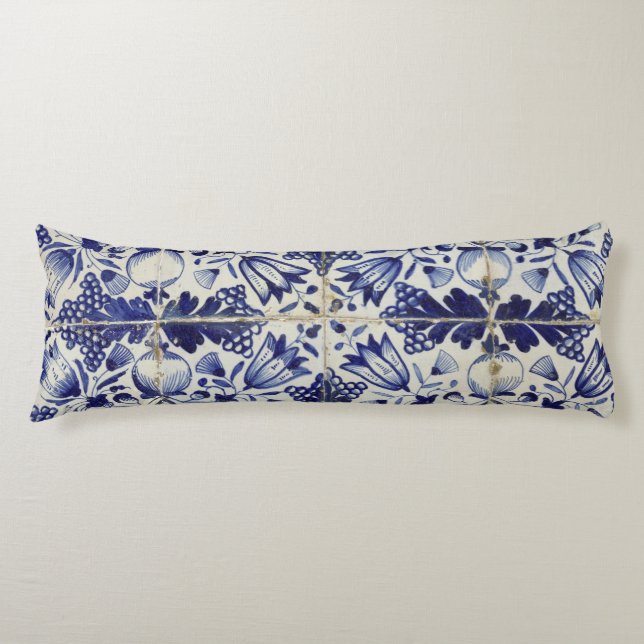 Vintage Geometric Blue White Tile Pattern Body Pillow (Front)