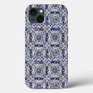 Vintage Geometric Blue White Tile Pattern iPhone 13 Case