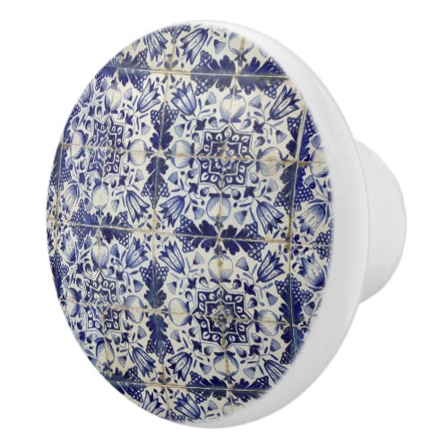 Vintage Geometric Blue White Tile Pattern  Ceramic Knob