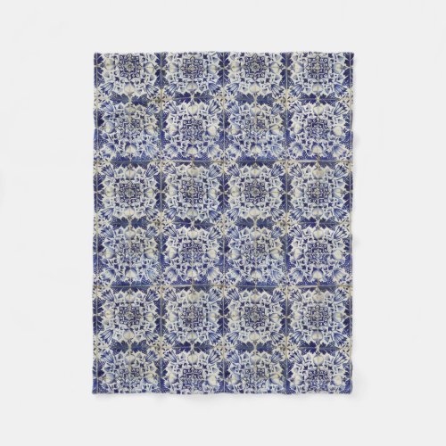 Vintage Geometric Blue White Tile Pattern Fleece Blanket