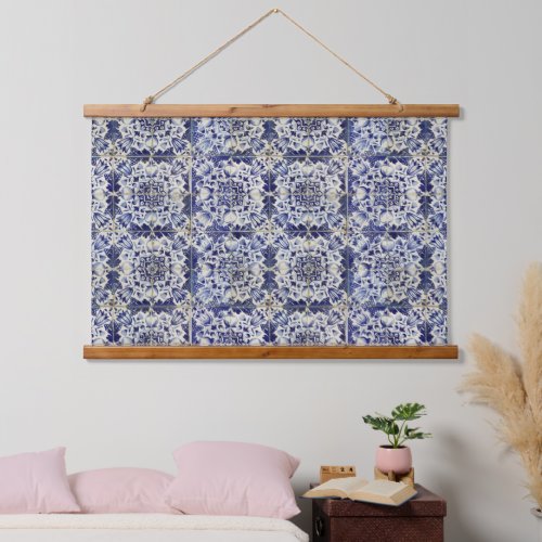 Vintage Geometric Blue White Tile Pattern Hanging Tapestry