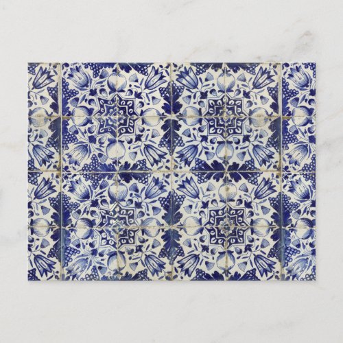 Vintage Geometric Blue White Tile Pattern  Holiday Postcard