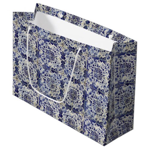 Vintage Geometric Blue White Tile Pattern Large Gift Bag