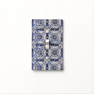 Vintage Geometric Blue White Tile Pattern Light Switch Cover