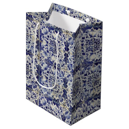 Vintage Geometric Blue White Tile Pattern Medium Gift Bag