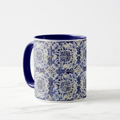 Vintage Geometric Blue White Tile Pattern Mug