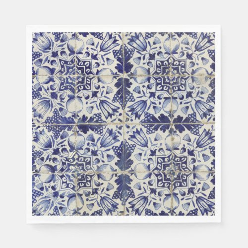 Vintage Geometric Blue White Tile Pattern Napkins