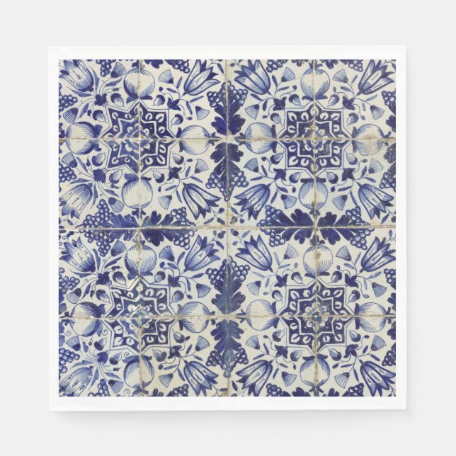 Vintage Geometric Blue White Tile Pattern Napkins (Front)